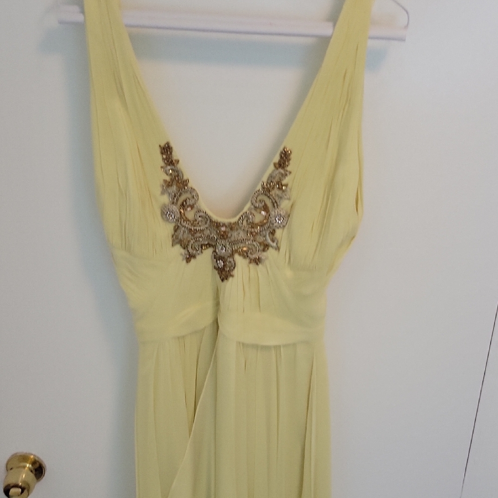 Marchesa Pale Yellow One-Shoulder Evening Gown with Gold Embellishment